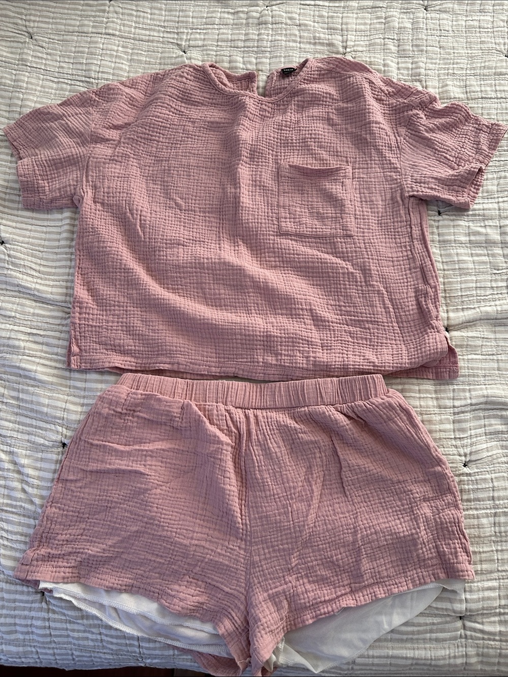 SHEIN Light Pink Cotton Gauze Sleeve Top & Shorts
